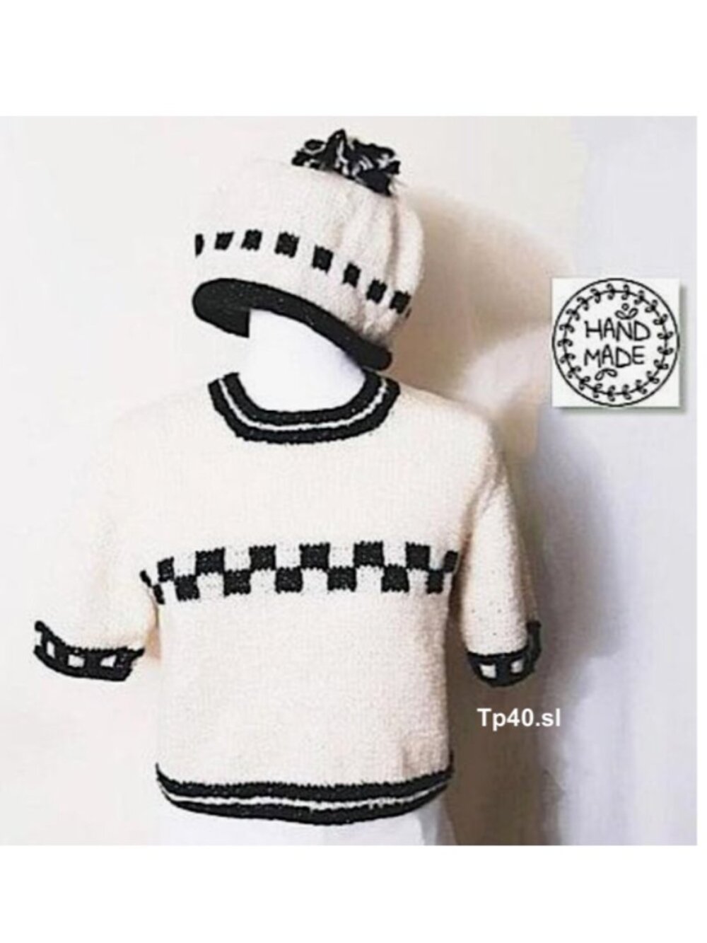 Cute! Hand knitted Handmade Crop Sweater+Hat Set Cream Green Metallic Gold Yarn